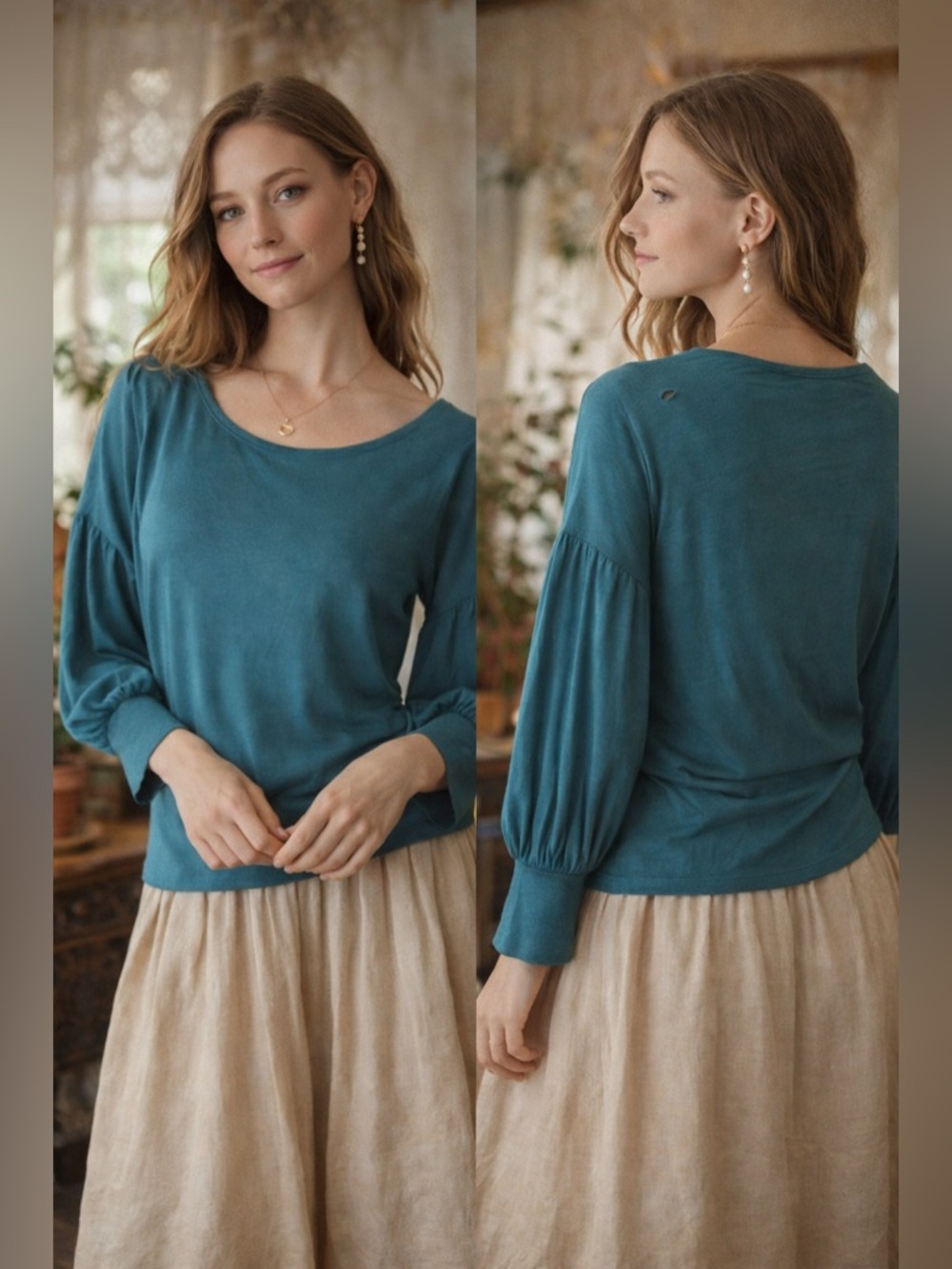 Peruvian Connection Teal Pima Cotton Blouse Puff Sleeve Boho Top Size Medium